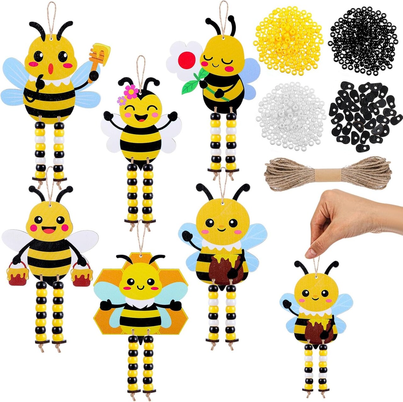24-Set Bee-Themed DIY Craft Kit – Wooden Honey Bee Ornaments with Beads for Spring Holiday Activities, Party Favors, and Decorations